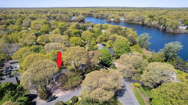 view of property location with a forest and a large body of water