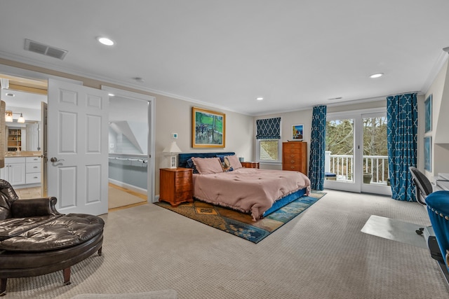 carpeted bedroom featuring access to outside and ornamental molding