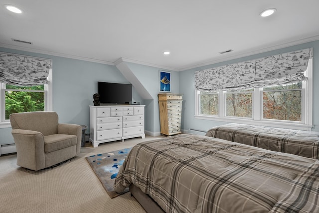 bedroom featuring baseboard heating, light colored carpet, crown molding, and multiple windows