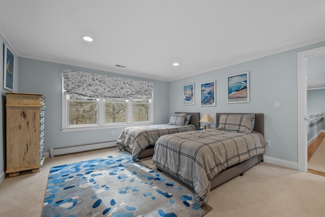 carpeted bedroom featuring crown molding and baseboard heating