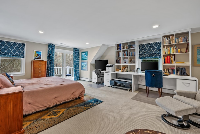 carpeted bedroom with crown molding, a baseboard radiator, and multiple windows