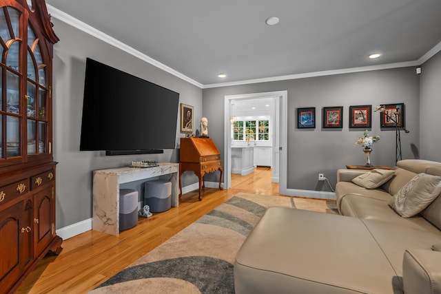 living room with ornamental molding and light hardwood / wood-style flooring