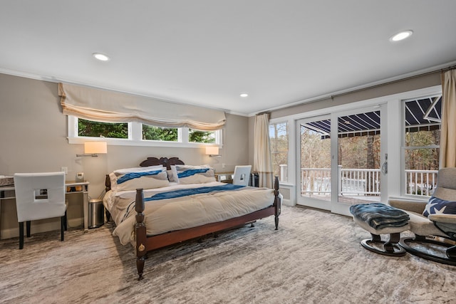 bedroom featuring crown molding, carpet floors, and access to outside