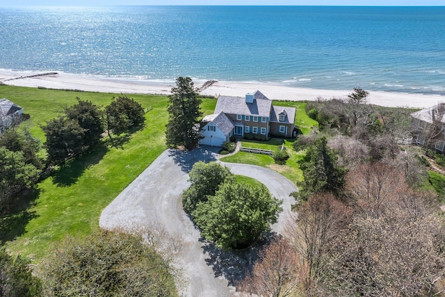 aerial view featuring a water view and a view of the beach