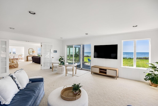 carpeted living area with crown molding, a wealth of natural light, and recessed lighting