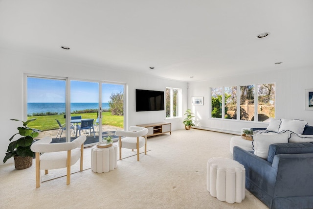 living area featuring carpet and recessed lighting