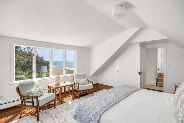 bedroom with lofted ceiling, a water view, and wood finished floors