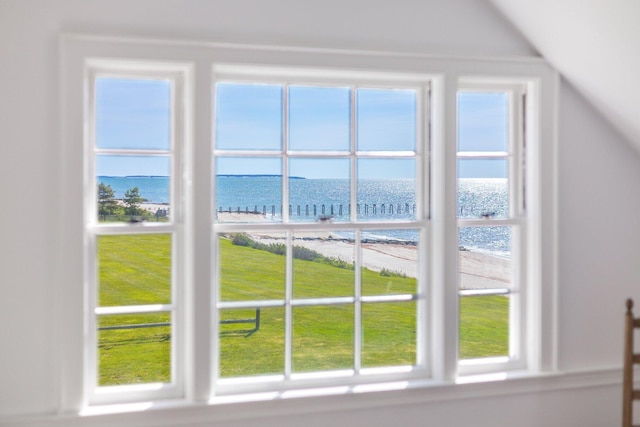interior details featuring a water view