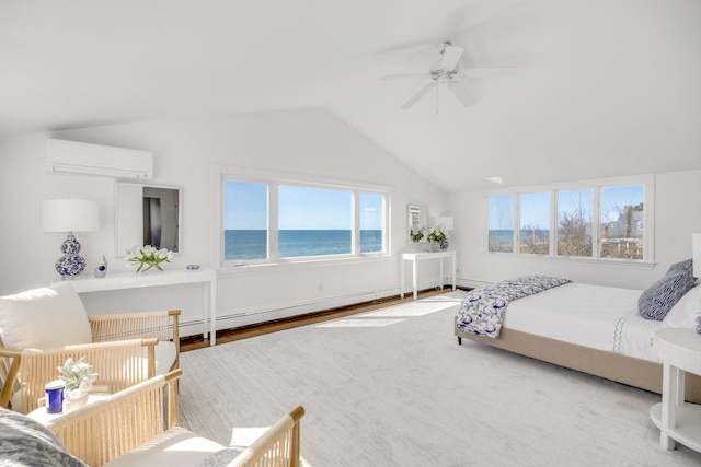 bedroom with vaulted ceiling, a wall unit AC, ceiling fan, a water view, and wood finished floors