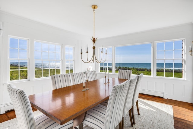 dining area featuring an inviting chandelier, a healthy amount of sunlight, hardwood / wood-style floors, and a baseboard heating unit