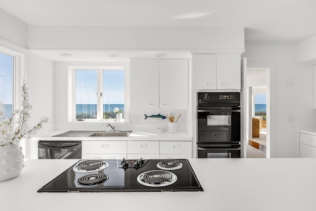 kitchen with light countertops, a healthy amount of sunlight, black appliances, and a sink