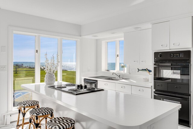 kitchen featuring a sink, light countertops, black appliances, and white cabinets