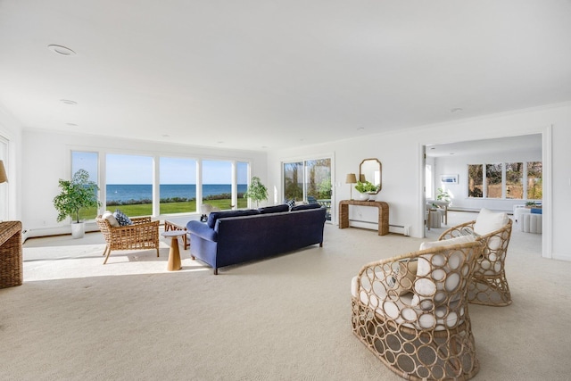 living area with a water view, light carpet, and a baseboard heating unit