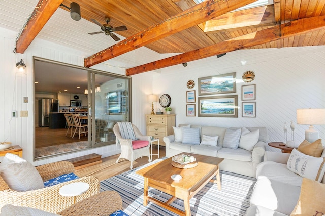 3 Bramblewood Ln, Orleans, MA 02653 - living room with wood walls, wood finished floors, wooden ceiling, beam ceiling, and ceiling fan