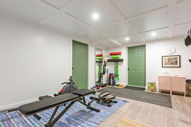 3 Bramblewood Ln, Orleans, MA 02653 - exercise area with baseboards, wood finished floors, recessed lighting, and coffered ceiling