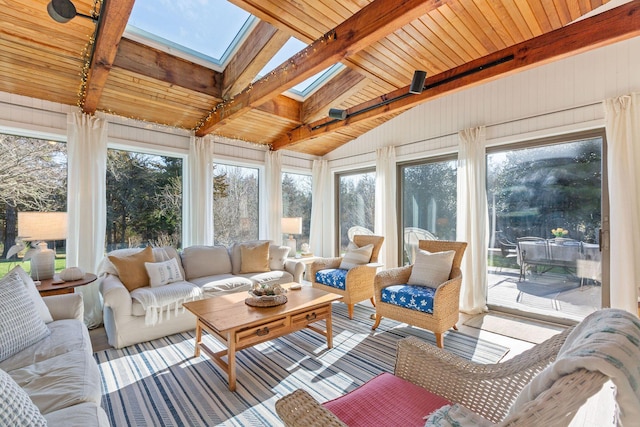 3 Bramblewood Ln, Orleans, MA 02653 - sunroom with wooden ceiling, a wealth of natural light, and lofted ceiling with skylight