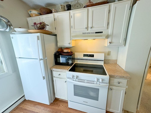 kitchen featuring a baseboard radiator, white appliances, white cabinets, and light hardwood / wood-style flooring