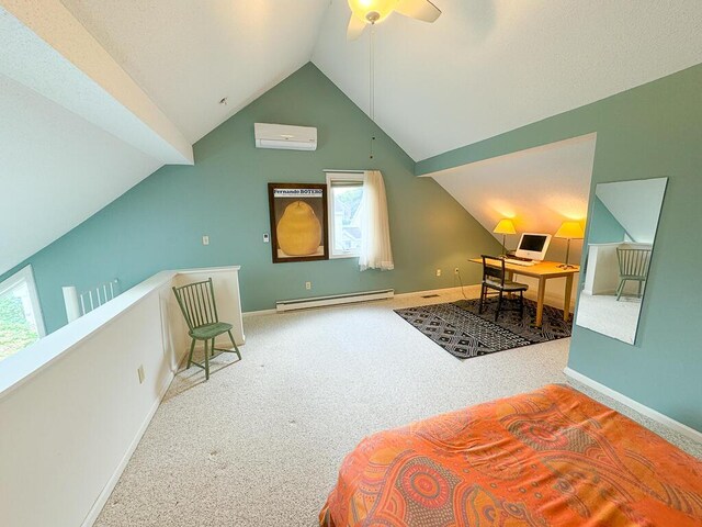 carpeted bedroom with baseboard heating, multiple windows, a wall mounted AC, and lofted ceiling