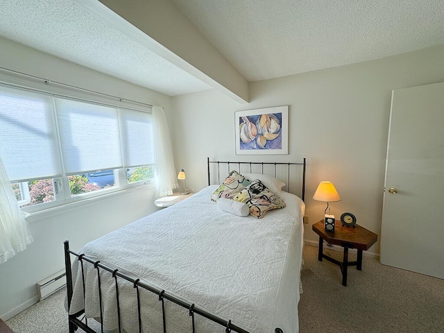 bedroom with beamed ceiling, carpet flooring, a baseboard heating unit, and a textured ceiling