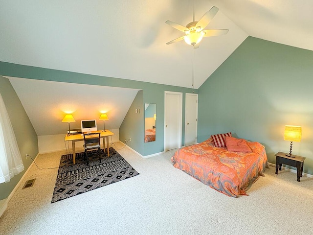 bedroom featuring lofted ceiling, carpet flooring, and ceiling fan