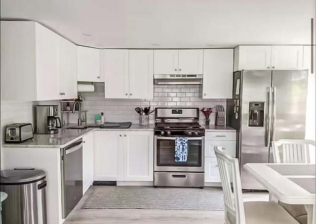 31 Northern Ave, Dennis Port, MA 02639 - kitchen featuring appliances with stainless steel finishes, under cabinet range hood, white cabinets, a sink, and tasteful backsplash