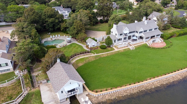 drone / aerial view with a water view