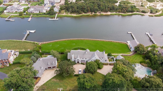 bird's eye view with a water view