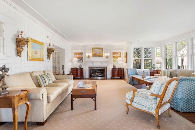 living room with crown molding