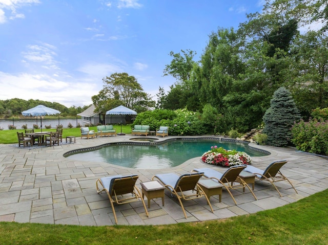 view of swimming pool featuring a lawn, an in ground hot tub, a patio area, and a water view