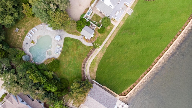 drone / aerial view with a water view