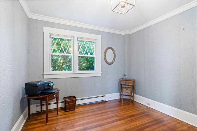 interior space featuring hardwood / wood-style flooring, baseboard heating, and ornamental molding