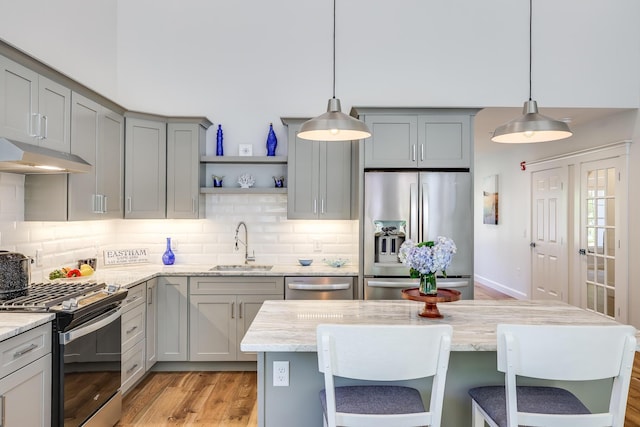 kitchen with decorative backsplash, sink, hanging light fixtures, and stainless steel appliances