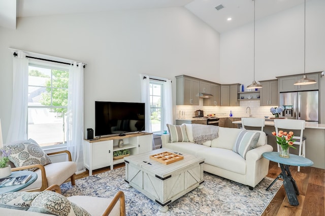 living room with high vaulted ceiling, plenty of natural light, and hardwood / wood-style floors