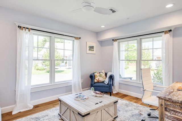 office space featuring ceiling fan, a wealth of natural light, and light hardwood / wood-style floors