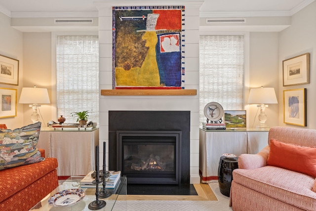 350 Bradford St Unit U7, Provincetown, MA 02657 - living area featuring ornamental molding, a fireplace with flush hearth, and healthy amount of natural light