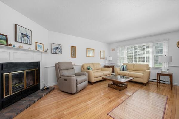 living area featuring baseboards, a glass covered fireplace, a baseboard radiator, and light wood-type flooring