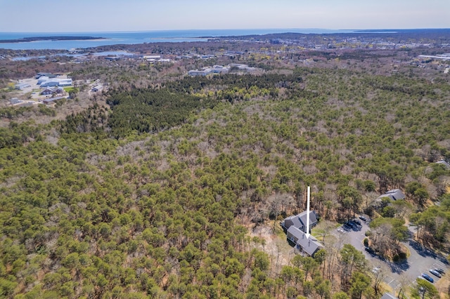 birds eye view of property with a water view and a forest view