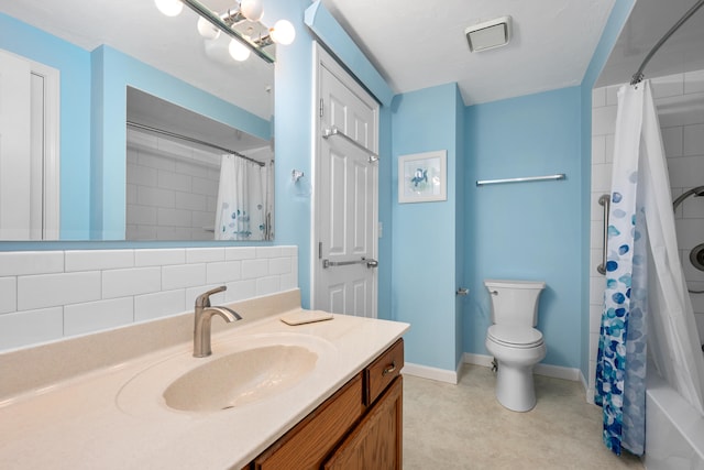 full bath featuring shower / tub combo, toilet, and vanity