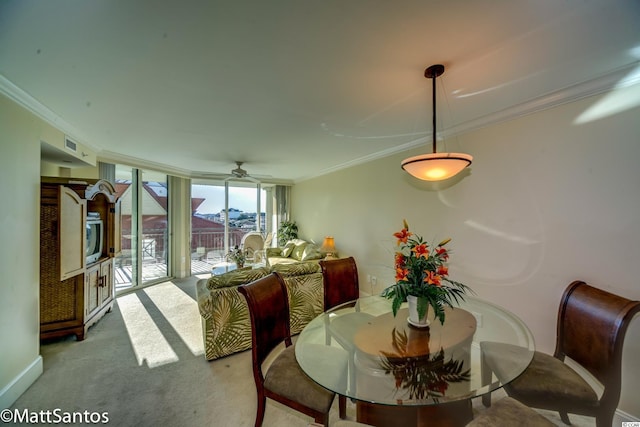 carpeted dining room with ceiling fan and ornamental molding