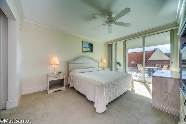 bedroom with access to outside, light colored carpet, ceiling fan, and crown molding