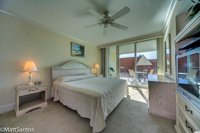 carpeted bedroom featuring crown molding, ceiling fan, and access to exterior