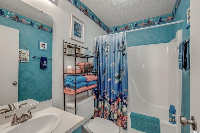 full bathroom with shower / tub combo, a textured ceiling, toilet, and vanity