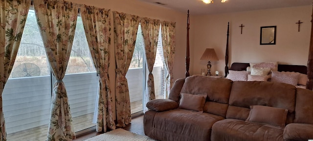 bedroom with hardwood / wood-style floors and multiple windows