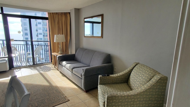 tiled living room with expansive windows