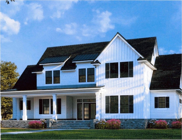 view of front of house featuring covered porch and a front lawn