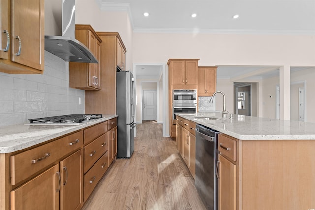 1228 Colusa Ct, Little River, SC 29566 - kitchen with wall chimney exhaust hood, appliances with stainless steel finishes, crown molding, light wood-type flooring, and a center island with sink