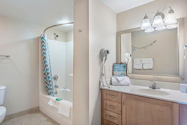 full bathroom featuring tile floors, toilet, shower / bath combo, and vanity