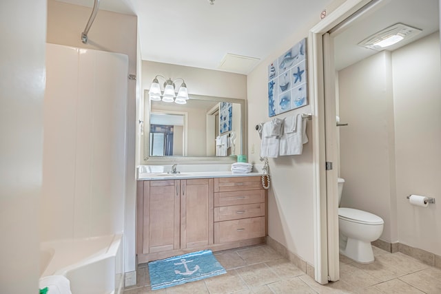 full bathroom with shower / bathtub combination, toilet, large vanity, and tile floors