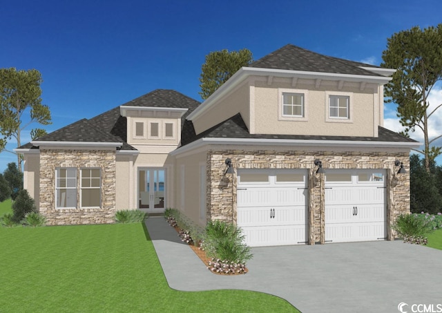 view of front facade with french doors, a front lawn, and a garage