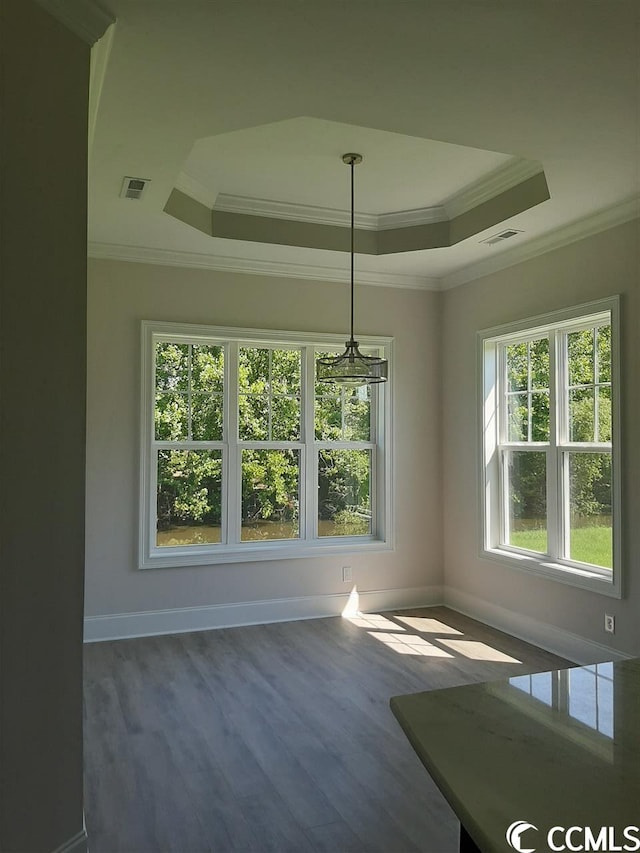 empty room with a tray ceiling, dark hardwood / wood-style floors, and crown molding